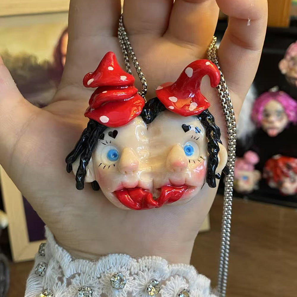 Creepy Cute Twin Witch Mushroom Face Necklace