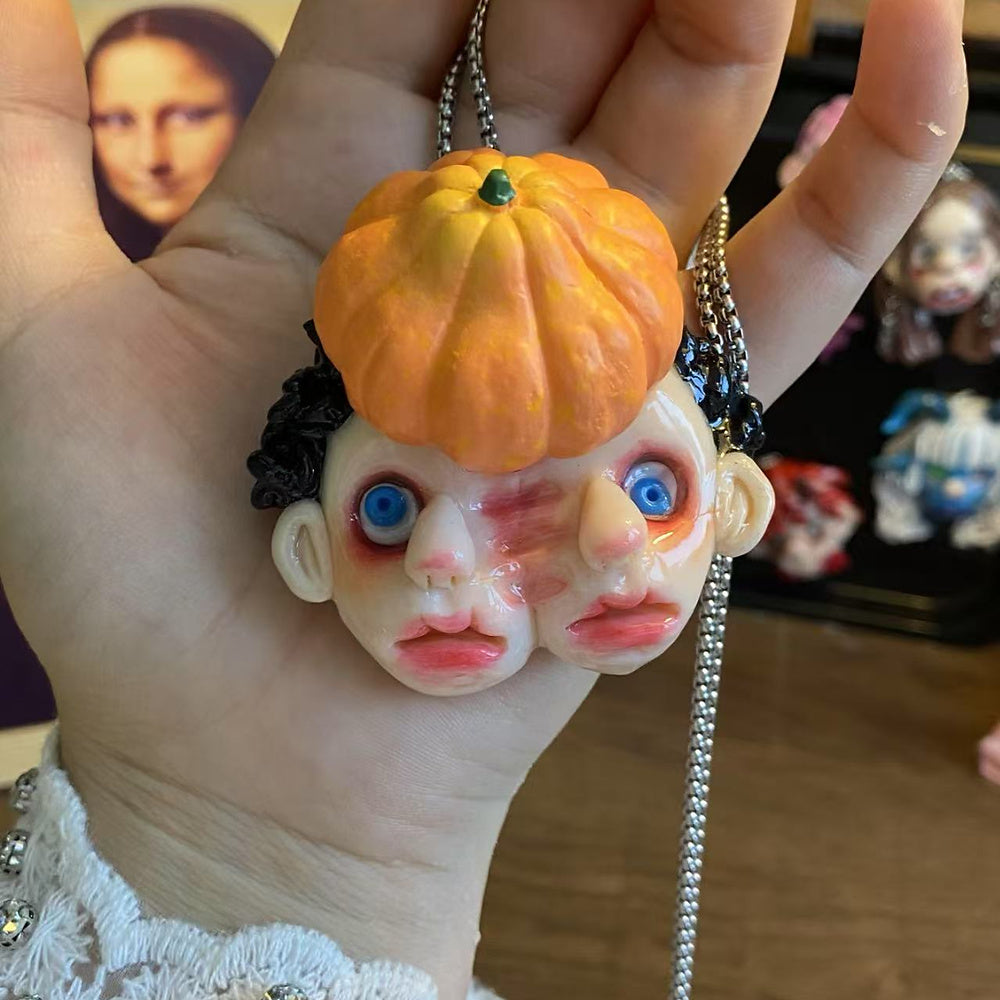 Creepy Cute Twin Pumpkin Face Necklace