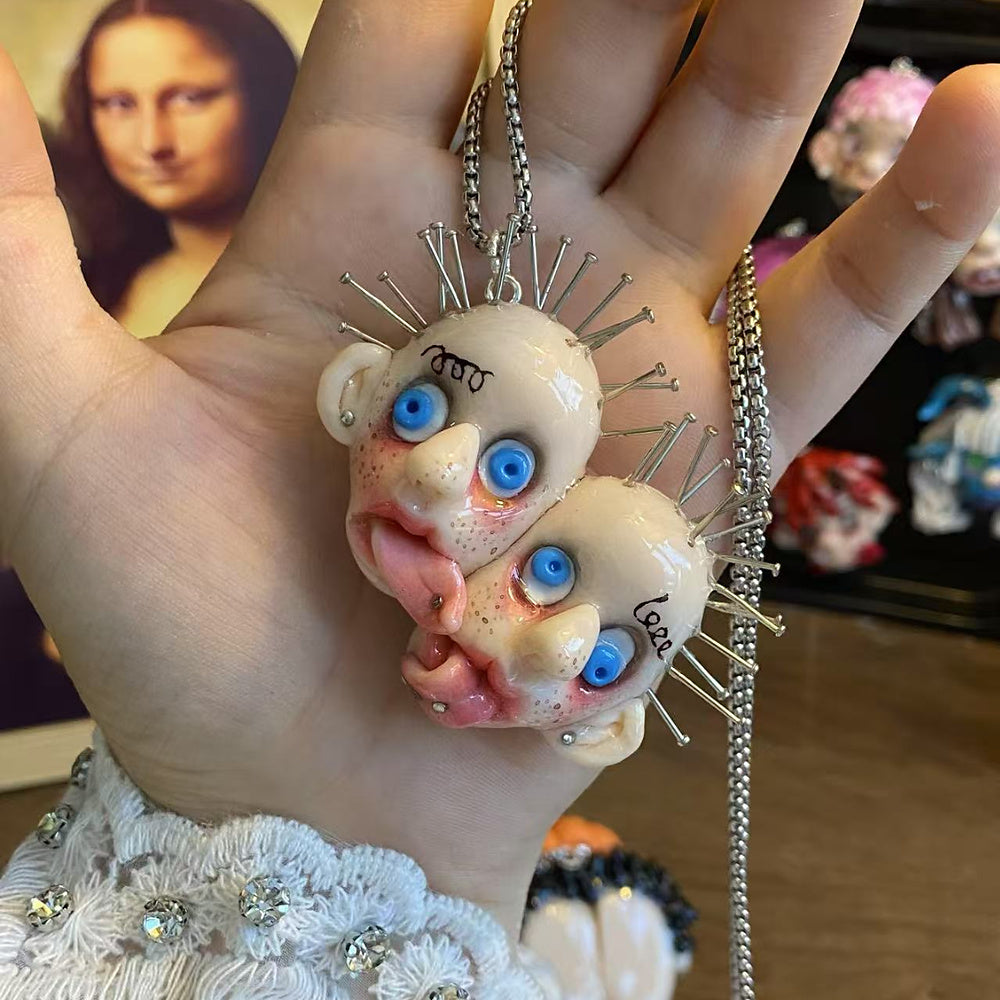 Gothic Twin Pinhead Face Necklace