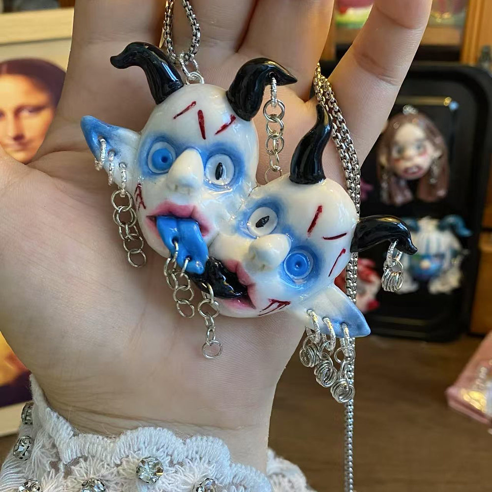 Gothic Twin Demon Horn Face Necklace