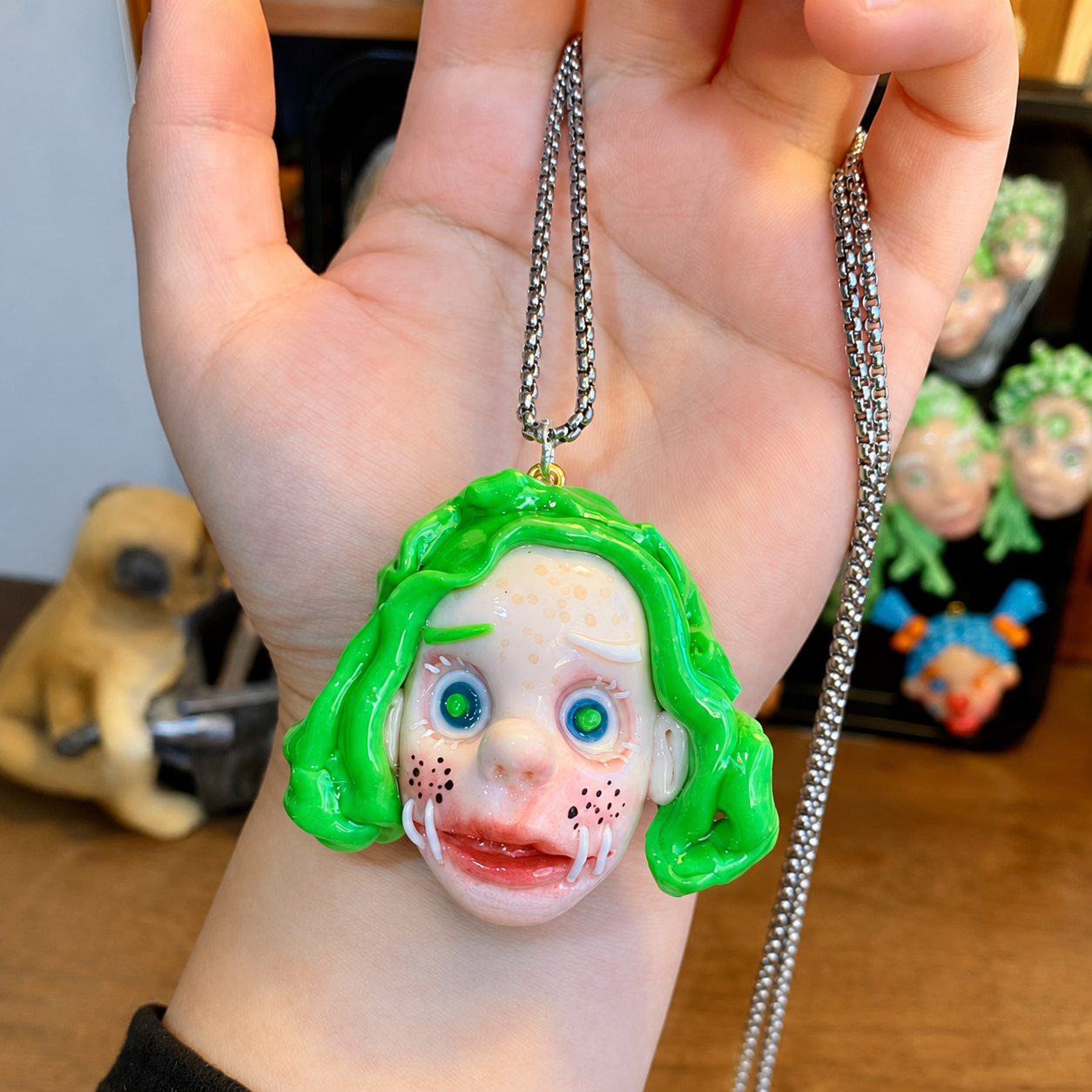 Green Hair Weird Face Necklace