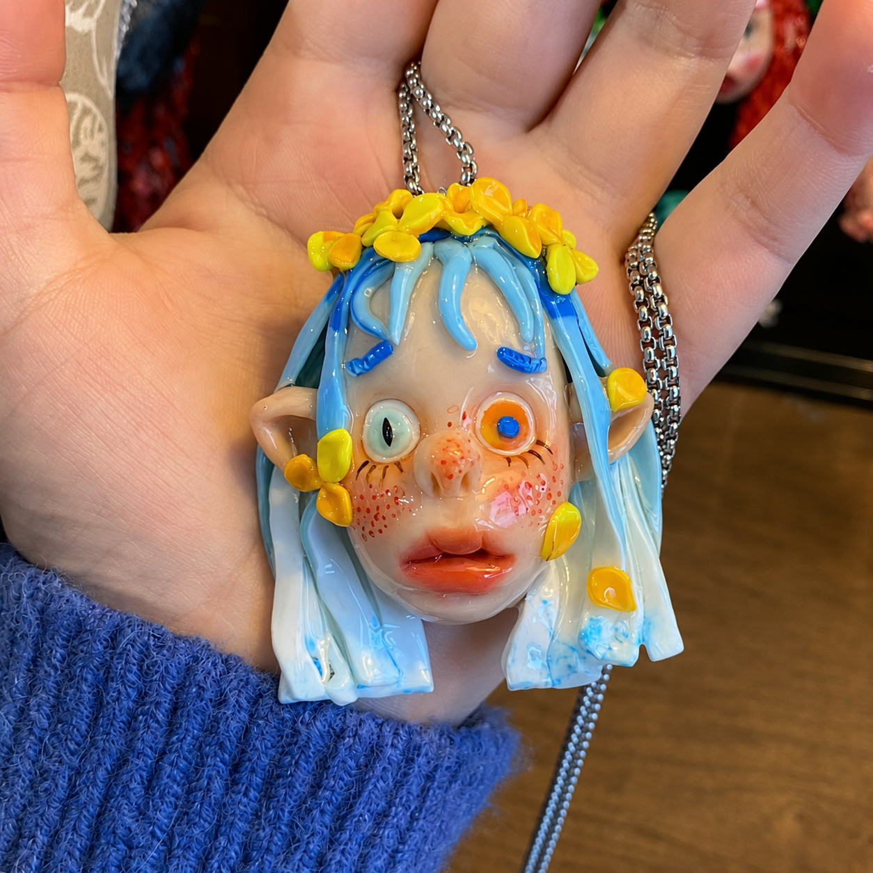 Blue Hair Flower Face Charm