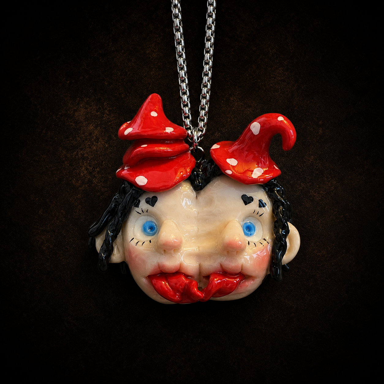 Creepy Cute Twin Witch Mushroom Face Necklace
