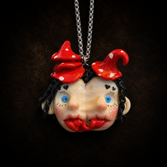 Creepy Cute Twin Witch Mushroom Face Necklace