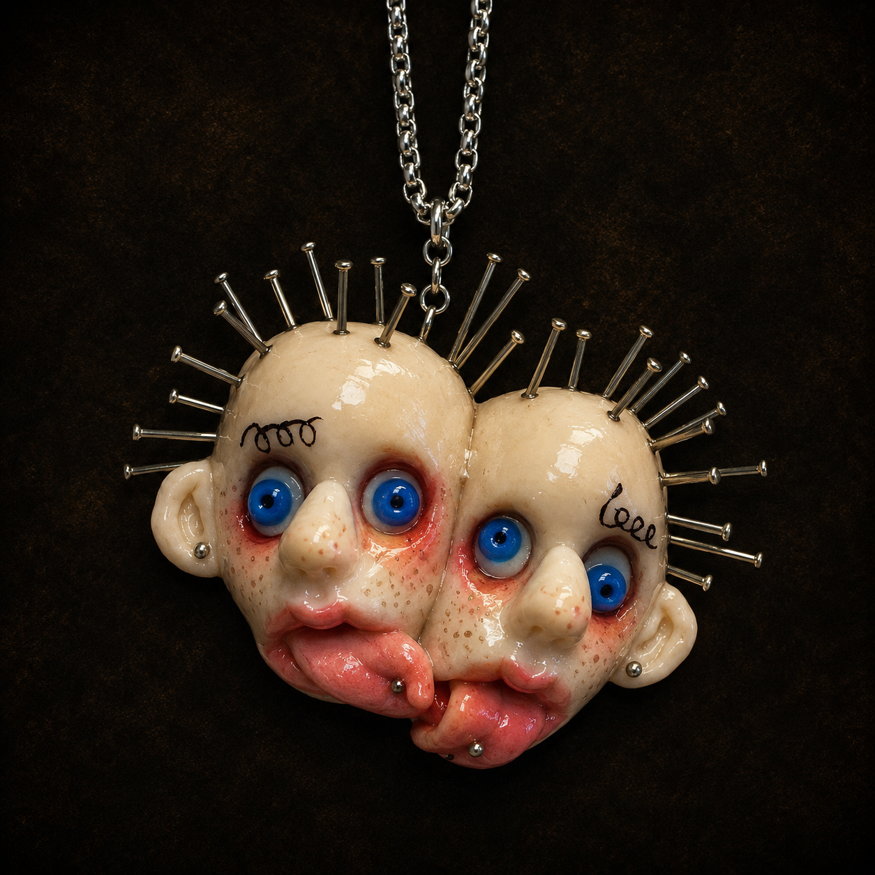 Gothic Twin Pinhead Face Necklace