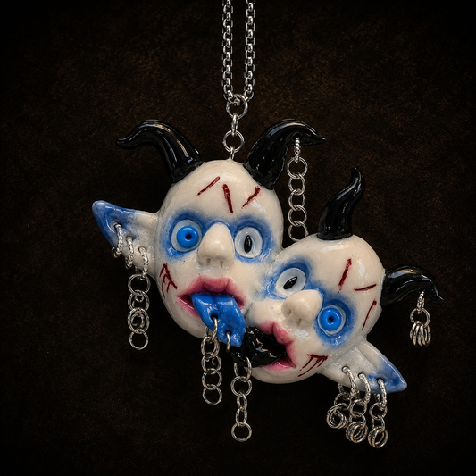 Gothic Twin Demon Horn Face Necklace