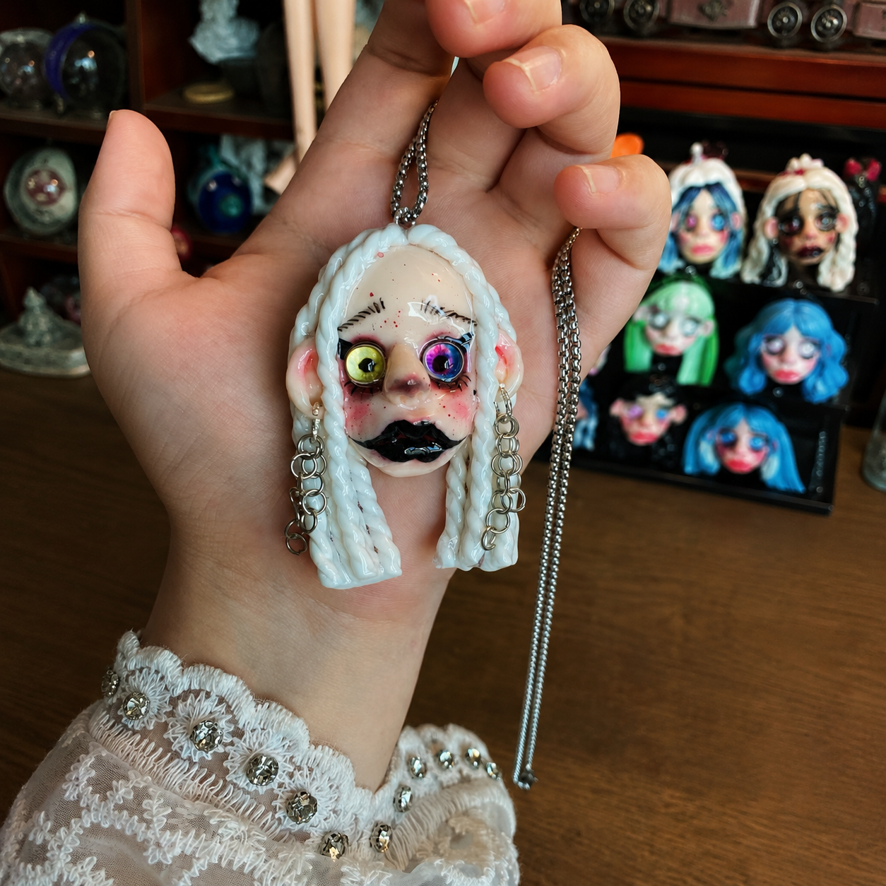 White Hair Dark Doll Necklace