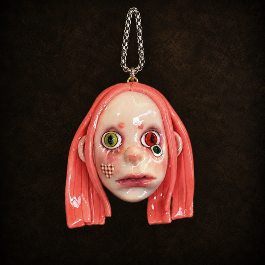 Pink Hair Weird Doll Face Necklace
