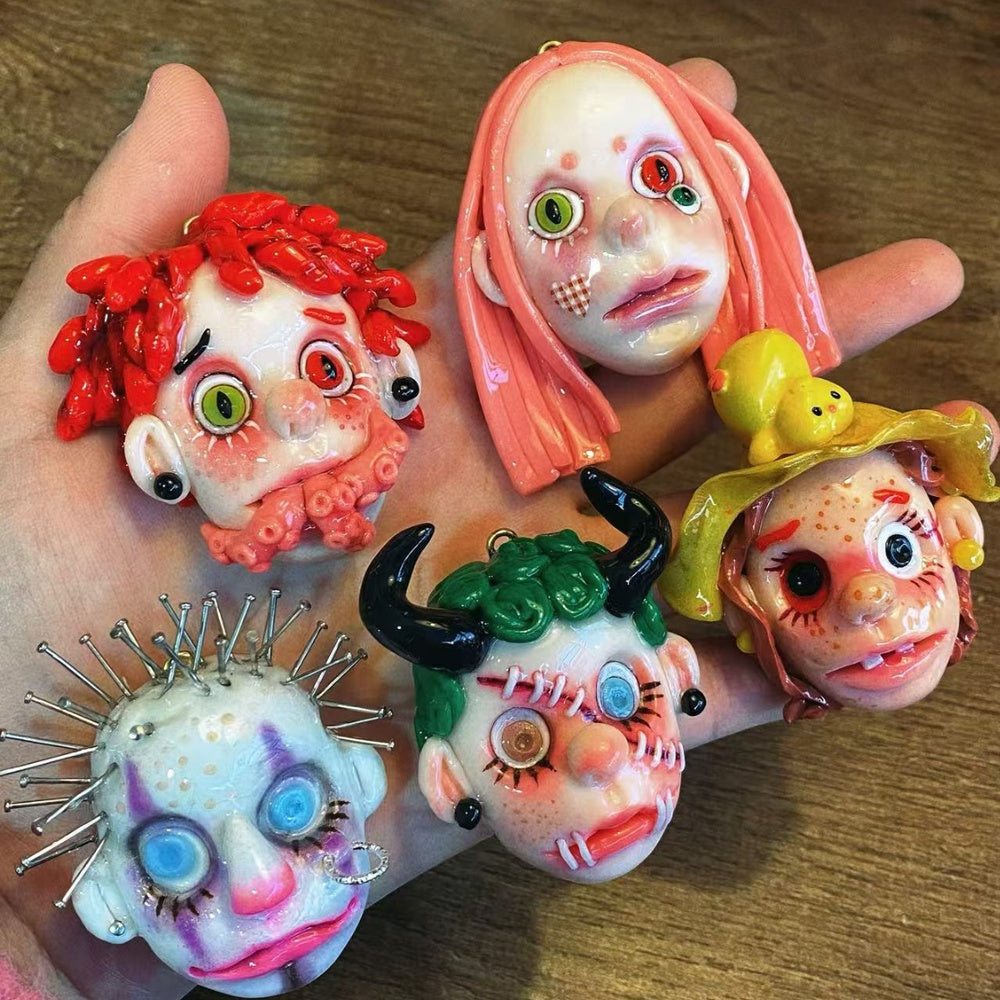 Pink Hair Weird Doll Face Necklace