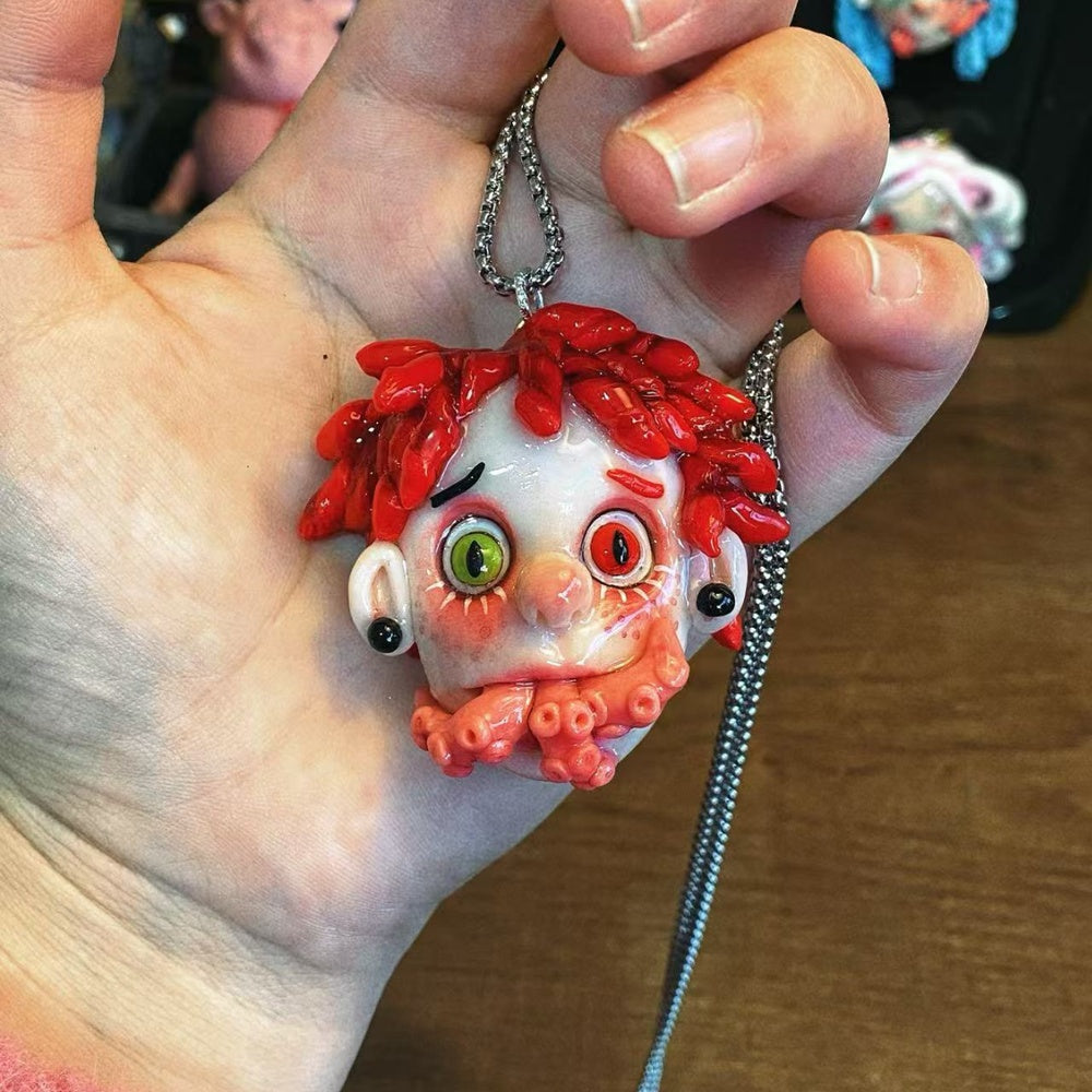 Red Hair Creepy Doll Face Necklace