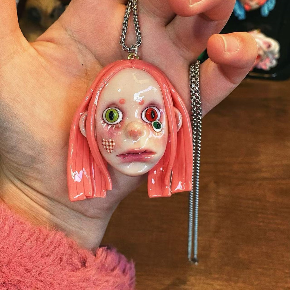 Pink Hair Weird Doll Face Necklace