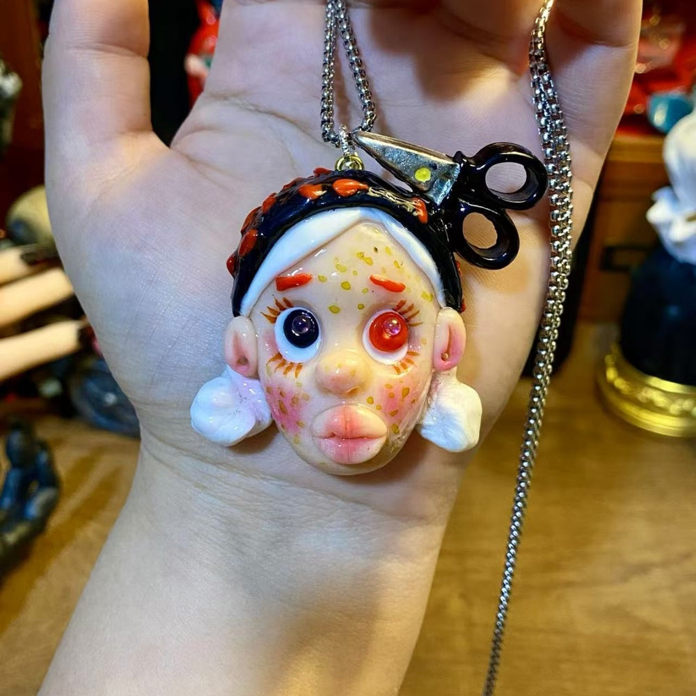 Gothic Scissor Doll Face Pendant Necklace